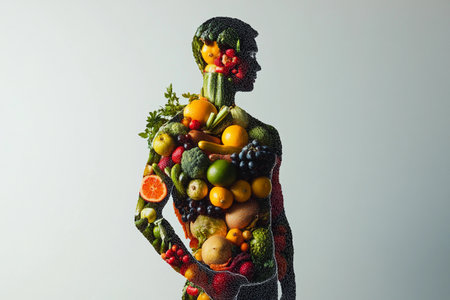 A striking visual of a person adorned with vibrant fruits and vegetables showcases the beauty of nature and creativity. This artistic representation emphasizes health and the bounty of harvest.の素材