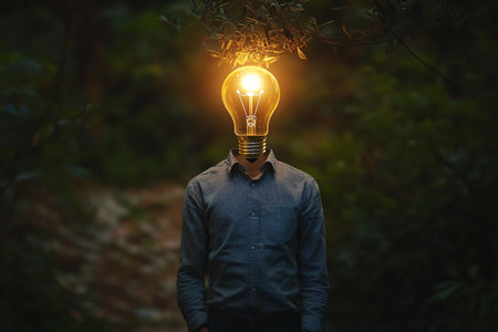 A person stands in a lush forest at twilight, with a glowing light bulb instead of a head. The scene radiates creativity and inspiration, blending nature's calm with surreal imagination.の素材