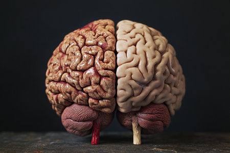 A captivating comparison highlights the stark differences between a healthy brain and an overworked brain, showcasing the impact of stress and mental strain on cognitive health and well-being.の素材