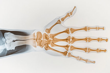 A detailed view reveals the natural bone structure of a human hand, showcasing the intricate alignment of phalanges and metacarpals. This fascinating exploration highlights the beauty of anatomy.の素材