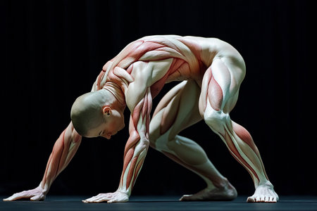 In a captivating display of flexibility and strength, a person is captured in a dramatic stretching pose, showcasing the intricate details of human anatomy against a dark backdrop.の素材