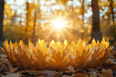 Sunlight filters through vibrant golden leaves, creating a magical glow in a tranquil autumn forest. The scene captures natureの素材