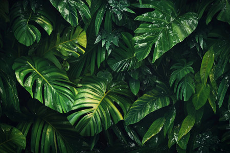 Deep within a vibrant jungle, exotic leaves stretch across the frame, showcasing their intricate patterns and rich greens. Raindrops cling to the foliage, evoking a sense of serene wilderness.の素材