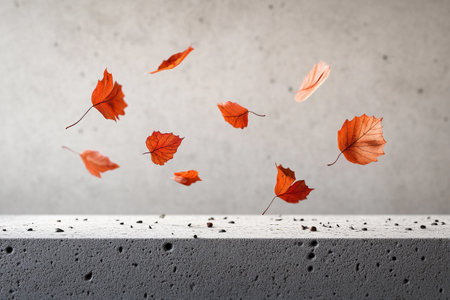 First leaves of autumn drift gently to the ground, painting a warm tapestry of red and orange. Nature's beauty unfolds in this tranquil moment as summer gives way to fall.の素材