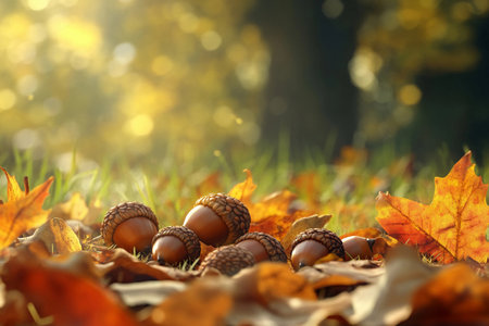 Acorns scatter across a carpet of fallen leaves, their glossy brown surfaces glistening in warm sunlight. Autumn's embrace creates a vibrant tapestry of color, inviting exploration.の素材