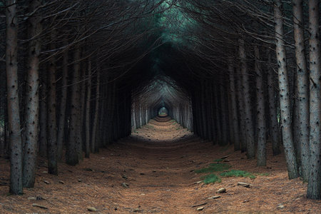 Wander through an enchanting tunnel created by towering trees, their branches interwoven to form a natural archway. Sunlight filters through the foliage, casting ethereal shadows on the ground.の素材