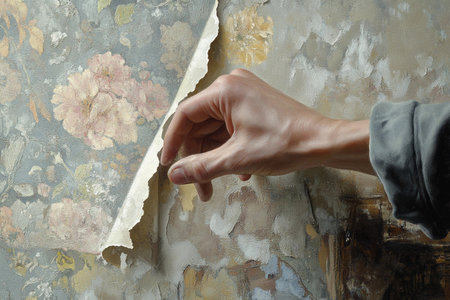 A master's hand delicately peels away old wallpaper, revealing faded floral patterns beneath. The setting is an aged interior, hinting at stories long forgotten, bathed in soft light.の素材