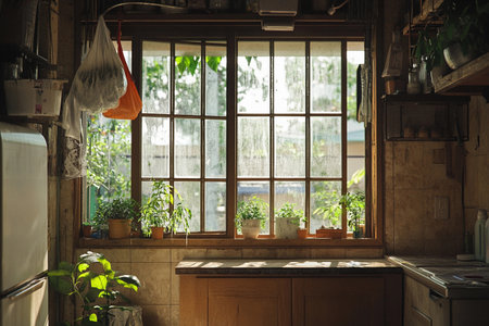 A serene kitchen comes alive with sunlight as a person washes the windows. Lush green plants sit on the windowsill while dust and grime disappear, adding a refreshed atmosphere.の素材