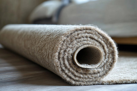 A soft roll of carpet rests in a tranquil interior, poised for installation. Its warm fibers promise to bring comfort and style to the room, enhancing the ambiance of the living area.の素材