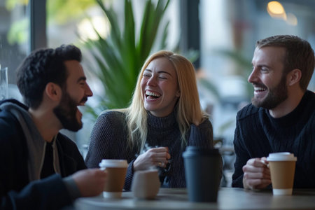 Three friends enjoy a delightful gathering in a cafe, laughing and joking over warm drinks. The atmosphere is light and relaxed, filled with smiles and the warmth of camaraderie.の素材