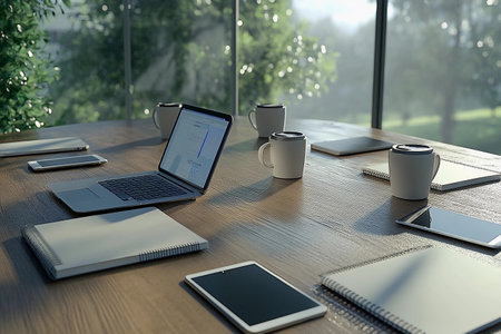 Sunlight spills into a cozy workspace filled with laptops and notebooks. Coffee cups rest on the table, suggesting a collaborative environment perfect for brainstorming and creativity.の素材