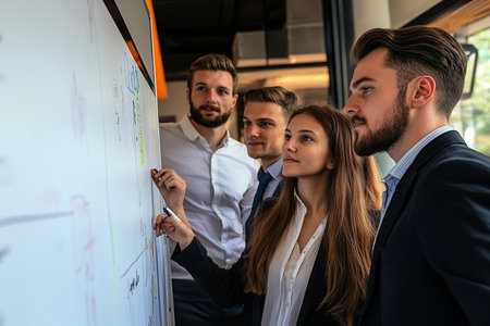 A group of four young professionals engages in a dynamic brainstorming session.の素材