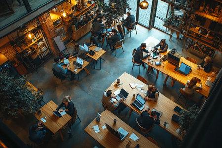 At a bustling coworking space, individuals are deeply engaged in their tasks, exchanging ideas and collaborating at large communal tables. The ambiance is vibrant and productive, showcasing teamwork.の素材