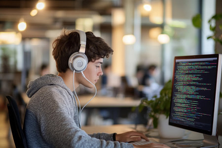 A dedicated young programmer sits at a sleek desk, wearing headphones while deeply immersed in coding.の素材