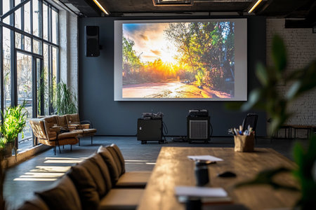 A spacious and modern meeting venue showcases a large projector displaying a vibrant sunset.の素材