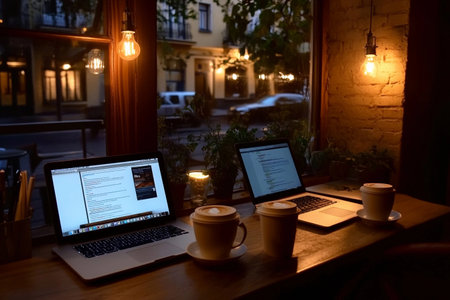Soft light fills the coworking space as individuals focus on their laptops. Warm coffee cups adorn the wooden table, creating a relaxed atmosphere perfect for evening productivity.の素材
