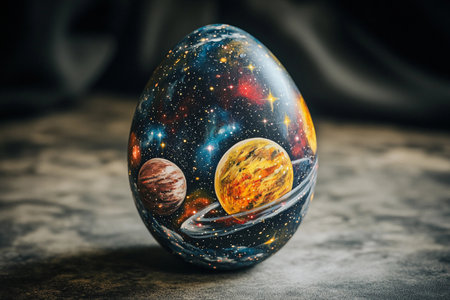 A beautifully crafted egg features a vibrant depiction of space, showcasing swirling galaxies, shining stars, and colorful planets.の素材