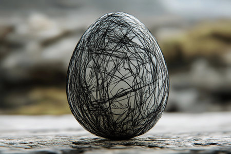 A striking egg stands upright, adorned with intricate black lines that create a chaotic yet mesmerizing pattern. The backdrop of soft colors enhances this artistic piece, inviting intrigue.の素材