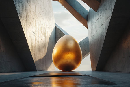 A gleaming golden egg is poised prominently within a modern architectural space, surrounded by sharp angles and soft natural light. The unique design creates an awe-inspiring focal point.の素材