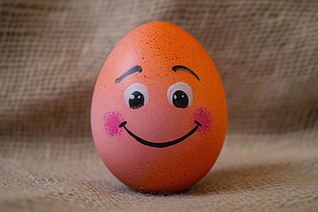 A vibrant orange egg with a joyful face painted on its surface sits on a rustic burlap background, radiating happiness and charm. This whimsical creation captures the essence of cheer.の素材