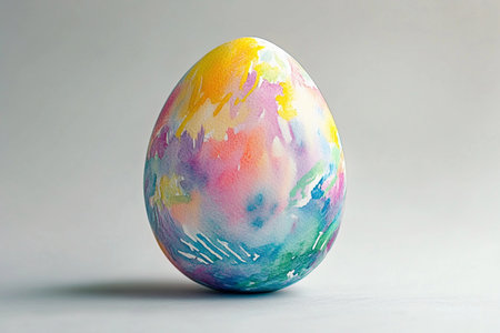 A beautifully adorned egg sits gracefully, its surface showcasing a mesmerizing array of soft, pastel colors blending harmoniously. This art piece captures the whimsy of spring.の素材
