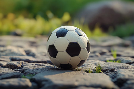 A charming miniature soccer-shaped egg rests on a rugged stone pathway, surrounded by lush greenery. The bright colors and unique design create a playful atmosphere filled with joy.の素材