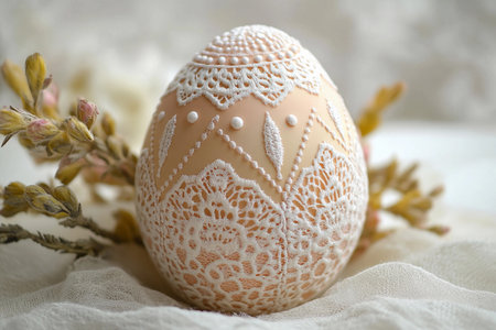 An exquisitely decorated egg features intricate lace patterns and fine details, resting gently on soft, neutral fabric. Surrounding it are delicate dried flowers, adding to its charm.の素材