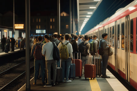 A diverse group of passengers clusters around the train platform, each with luggage in tow, eagerly anticipating their late-night journey.の素材