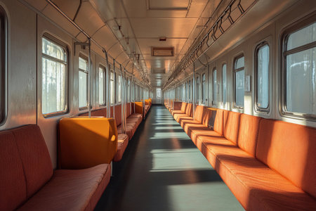 Sunlight filters through the windows of an empty Soviet first-class carriage, highlighting the orange and red seating. The tranquil atmosphere invites nostalgia for travel during a bygone era.の素材