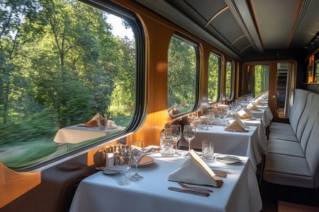 Set tables adorned with glassware and linens create an elegant dining atmosphere inside a spacious train carriage, while lush greenery passes by the windows, showcasing stunning landscapes.の素材