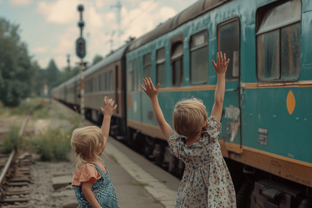 Two children enthusiastically wave goodbye to a passing train, basking in the warmth of a sunny day. The vibrant blue train contrasts with the serene green landscape, evoking a sense of adventure.の素材