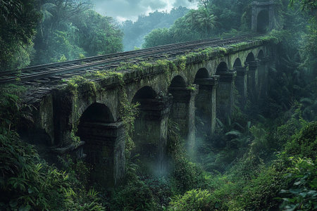 Amidst dense foliage, the remnants of an old railway bridge rise, cloaked in moss and surrounded by mist. Nature has reclaimed this once-bustling transport artery, creating a serene escape.の素材