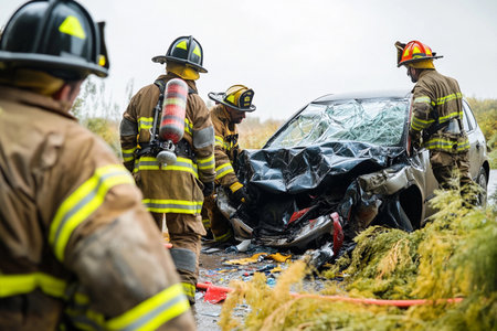 Firefighters in protective gear respond to an accident scene. They carefully assess and manage the damaged vehicle, ensuring safety and readiness for any potential rescue efforts.の素材