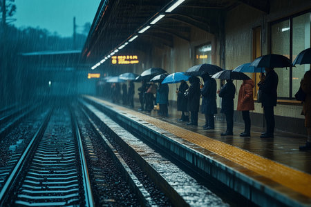 Crowds gather on a rain-soaked platform, each individual holding an umbrella. The atmosphere is filled with anticipation as the train prepares to arrive, glistening tracks reflecting the dim light.の素材