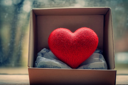 A vibrant red heart sits nestled in a gift box, surrounded by delicate fabric. Its meaningful presentation captures the essence of love and affection, perfect for any cherished celebration.の素材