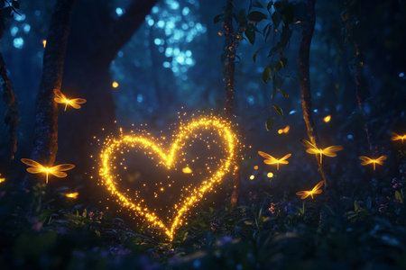In a magical forest at night, fireflies twinkle and dance around as a glowing heart shape forms among the trees, casting a warm and enchanting light on the serene surroundings.の素材