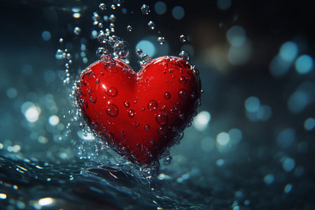 A vivid red heart sinks beneath the water surface, enveloped by playful bubbles. The scene captures a moment of emotion, blending tranquility and depth in a mesmerizing aquatic setting.の素材