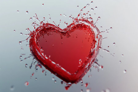 In a captivating display, small water droplets converge to create a vibrant red heart, surrounded by a halo of splashes. This artistic moment captures the essence of love and emotion.の素材