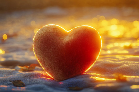 A plush velvet heart rests gently on a shimmering surface, enveloped in a warm golden glow. The ethereal setting evokes feelings of love and tranquility during a peaceful evening hour.の素材