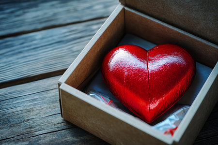 A vibrant red heart rests inside an open box, symbolizing affection and warmth. The rustic wooden surface adds charm, making it perfect for a meaningful gift on a heartfelt occasion.の素材
