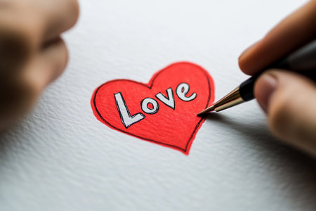 A creative moment unfolds as a person delicately writes the word love inside a vivid red heart on textured paper. This artistic activity evokes warmth and passion.の素材