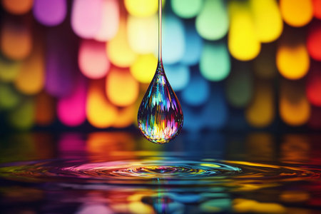 Suspended in mid-air, a glistening drop of water refracts a spectrum of vivid colors against a blurred backdrop, creating a mesmerizing dance of light as it prepares to fall.の素材