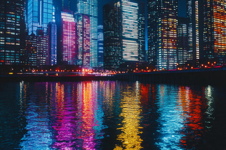 Skyscrapers adorned with colorful lights soar against the night sky, their reflections dancing on the calm water's surface, creating a mesmerizing tapestry of urban vibrancy in a serene setting.の素材