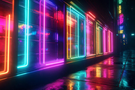 Illuminated neon signs cast vibrant hues on the slick pavement, creating a mesmerizing atmosphere in the urban landscape.の素材