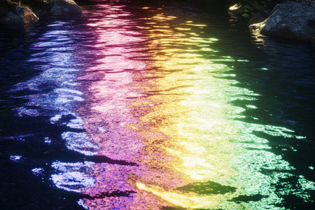 Vibrant colors ripple and blend across the calm surface of the water, creating a mesmerizing display. The scene captures a moment of serenity where nature showcases its beauty.の素材