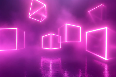 Geometric forms emerge from a striking pink haze, creating a surreal atmosphere. Their luminous outlines reflect off a smooth surface, evoking a sense of dreamlike wonder and intrigue.の素材
