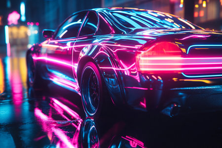 A sleek, futuristic car glistens under pulsating neon lights, creating a stunning display of vibrant colors.の素材