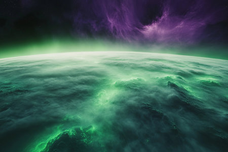 Mysterious fog envelops a surreal world, glowing with vibrant green hues under a cosmic sky. Ethereal lights shimmer, hinting at unseen wonders within this captivating atmosphere.の素材