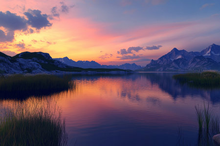 As the sun sets, the tranquil lake mirrors a palette of colors in the sky, creating a peaceful atmosphere. The rugged mountains encircle this serene landscape, enhancing its beauty.の素材