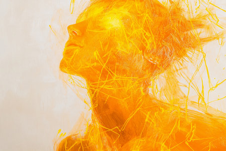 A figure adorned in striking yellow body-art evokes a sense of transformation, radiating energy and warmth in a mesmerizing display of creativity and human expression.の素材